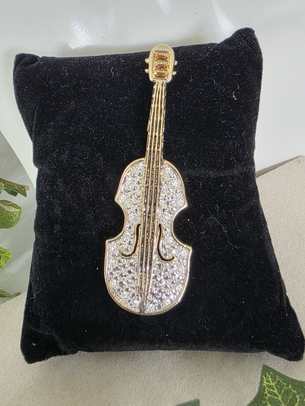 Gold Instrument Cello / Violin Brooch Pin Pave Crystals